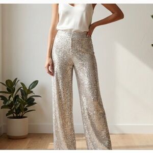 Banana Republic Sequin Wide-Leg Pants in Champagne Gold
